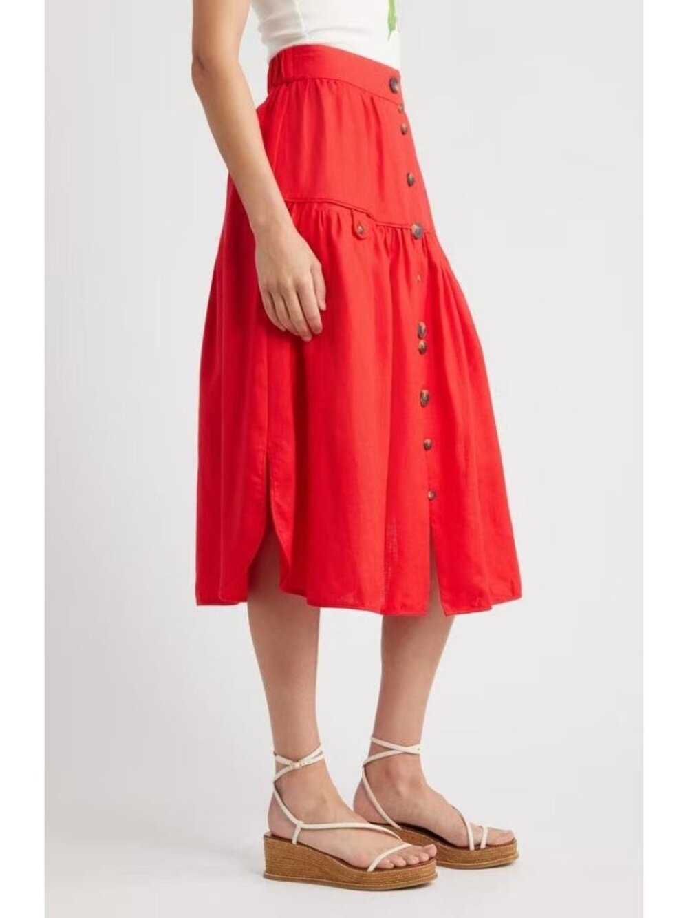 NWOT Farm Rio Red Mixed Buttons Linen Midi Skirt Elastic Waist Size S - Picture 3 of 13